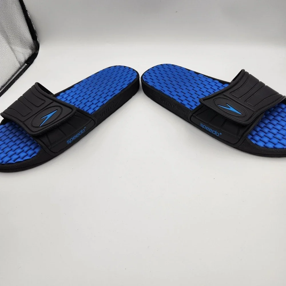 Speedo‎ Slide Mens 13-14 XL Black Blue Adjustable Strap Slip On Flat Sandals